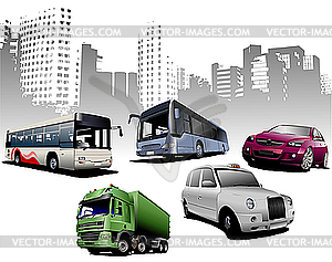 Five examples of city transport on urban background. - vector image