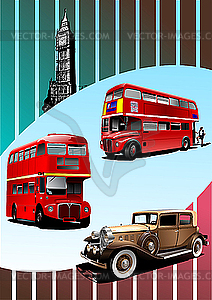 Retro Broun car and two London double Decker buses . - vector clip art