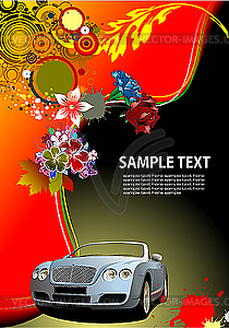 Floral background with cabriolet car.  - vector clipart