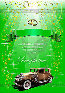 Holiday green poster with retro car - vector clipart