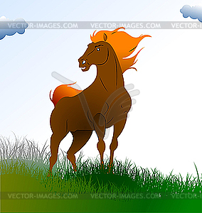 Country sunrise with horse. - vector image