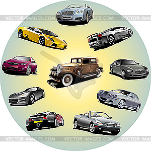 Ten cars in circle. - color vector clipart