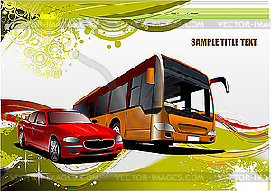 Green and Yellow grunge background with bus and car - vector clipart