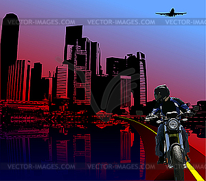 Urban night background with biker. - vector clip art