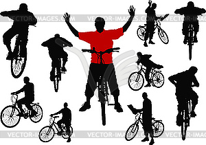 Ten men with bicycle. - vector clip art