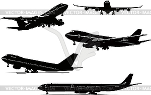 Five black and white Airplane silhouettes - vector clip art