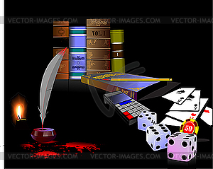 Ink pot, feather and blots with bookshelf and playing cards - vector image