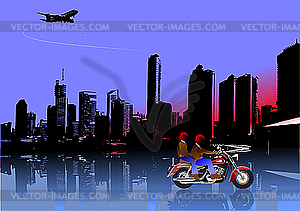 Панорама города с мотоциклом. - векторизованное изображение