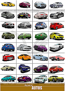 Big set of 32 kinds cars on the road. - vector image