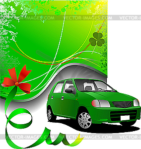 Green background and green car sedan - vector image