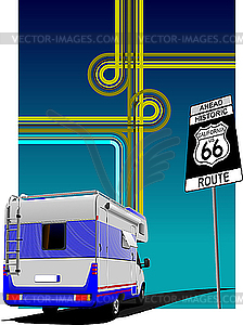 Camper van and junction. Route 66 - vector clipart