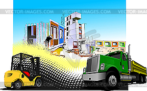 Building site with truck and forklift - vector clipart