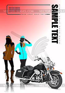 Motorcycle and two girls - vector clipart