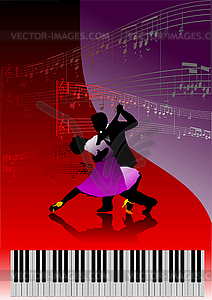 Piano with dancing couple and printing music - vector clipart