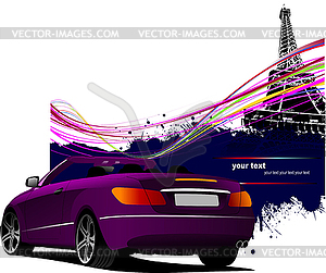 Purple cabriolet car with Paris Eiffel tower background. - vector image