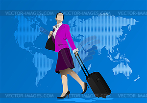 Business woman with suitcase on world map - vector image