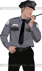 Policeman communicate by walkie-talkie radio - vector EPS clipart