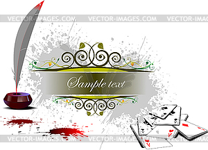 Grunge background with casino elements and feather with ink pot - vector clip art