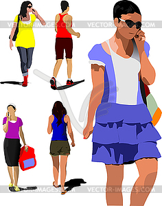 Collection of young women silhouette are walking on - vector clip art