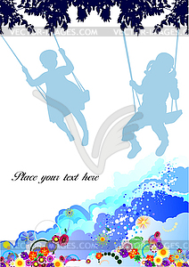 Placard with silhouette of girls on swing, flowers - vector clipart / vector image
