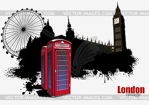 Лондонский гранж-постер с красной телефонной будкой - клипарт в формате EPS