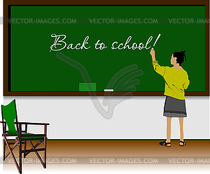 Left-hand girl in classroom. Back to school - vector clip art