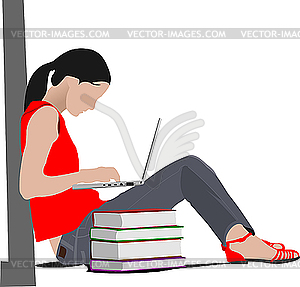 Sitting girl with laptop and book`s column - vector clipart