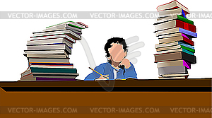 Boy between book columns - vector clipart