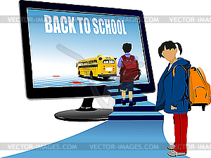 School boy and school girl upstairs to school bus - vector image