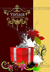 Cover with red gift box and autumn leaves - vector clipart