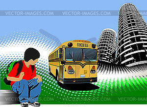 School boy waiting for school bus - vector clipart / vector image