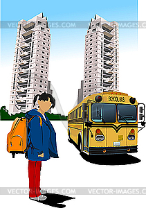 School girl, dormitory and school bus - vector image