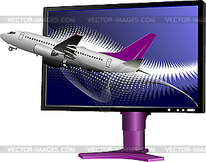 Flat computer monitor with passenger airplane - vector image