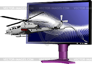 Combat helicopter from monitor - vector clipart