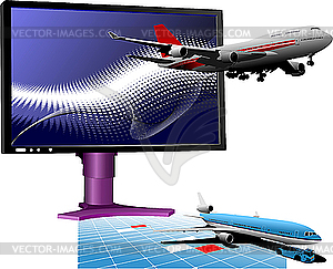 Computer monitor with passenger airplane - vector clip art