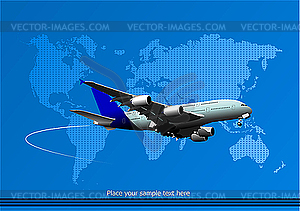 Passenger airplane and world map - vector clip art