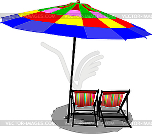 Два шезлонга и цветной зонтик на пляже - изображение в векторе
