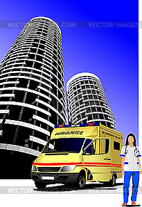 Ambulance and medical nurse in city - vector clipart