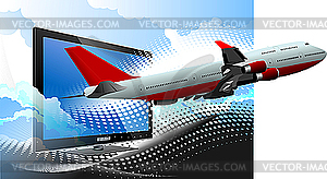 Flat computer monitor with passenger airplane - vector clipart