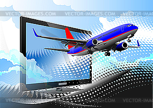 Flat computer monitor with passenger airplane - vector clipart