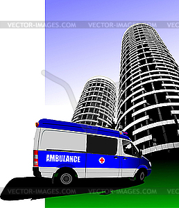 Ambulance minibus on the city road - vector clipart