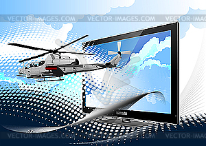 Combat helicopter from monitor - royalty-free vector clipart