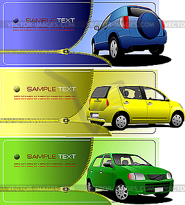 Three banners with zipper and car - vector clip art