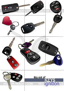 Set of ignition car keys with remote control - color vector clipart