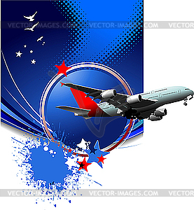 Blue poster with passenger plane - vector image