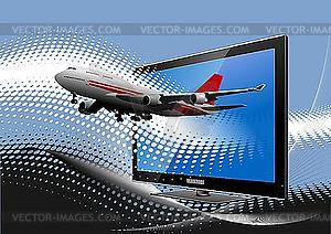 Пассажирский авиалайнер из монитора - векторная иллюстрация
