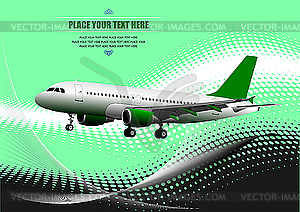 Green poster with passenger plane - vector image