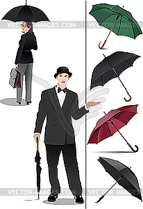 Woman and gentleman with umbrellas - stock vector clipart