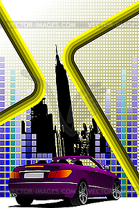 Hi-tech poater with New York and purple cabriolet - vector image