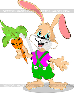 Happy cartoon rabbit holding carrot - vector clip art